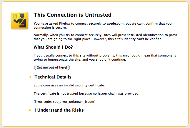 apple_ssl_certificate_untrusted apple.com uses an invalid security certificate. The certificate is not trusted because no issuer chain was provided. (Error code: sec_error_unknown_issuer) 
