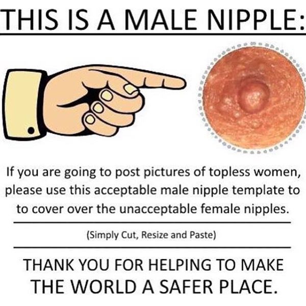 This is a male nipple. If you are going to post pictures of topless women, please use this acceptable male nipple template to cover over unacceptable female nipples. Simply cut, resize and paste. Thank you for helping to make the world a safer place.