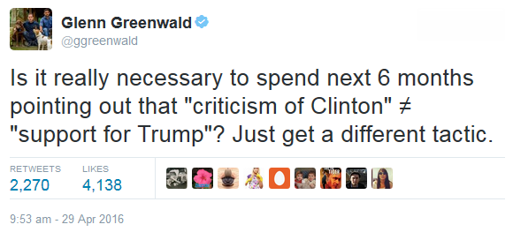 Is it really necessary to spend next 6 months pointing out that "criticism of Clinton" ≠ "support for Trump"? Just get a different tactic.