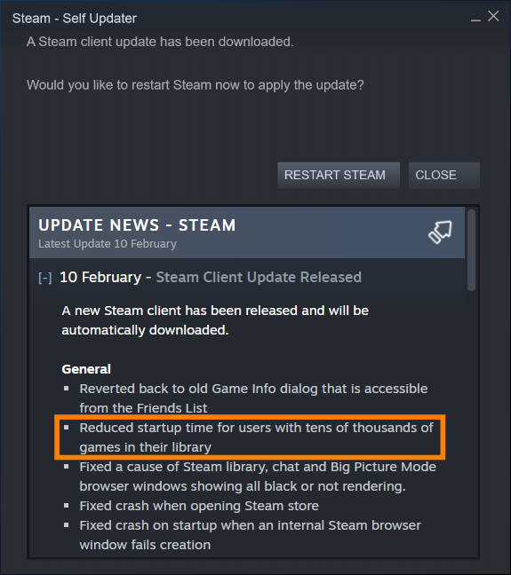 Steam Client Update: Reduced startup time for users with tens of thousands of games in their library